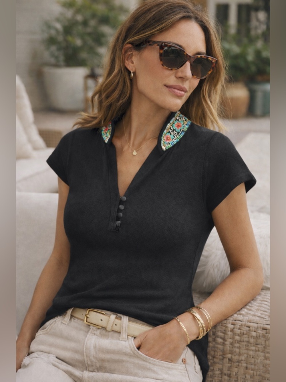 Karen Millen Black Embroidered Collar Short Sleeve V-Neck Top Size 8